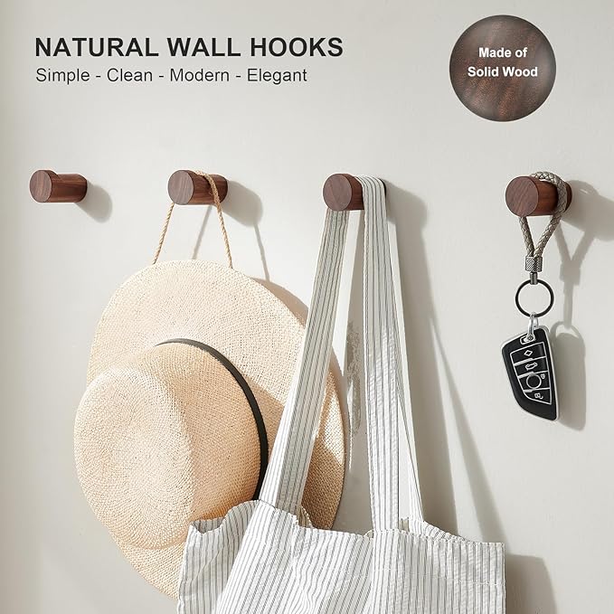 Wood Wall Hooks for Hanging, 6 Pack Rustic Coat Hooks Wall Mount, Handmade Wooden Pegs Hat Hook, Entryway Walls Hanger for Coat Purse, Boho Bathroom Towel Rack (Walnut Wood)