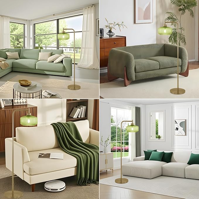 NanFeng Green Floor Lamp for Living Room,Mid Century Modern Standing Lamp Brass with Ribbed Green Globe Glass Lampshade Pedal Switch,Gold Tall Floor Lamps Vintage for Bedroom Study Room Art Deco Retro