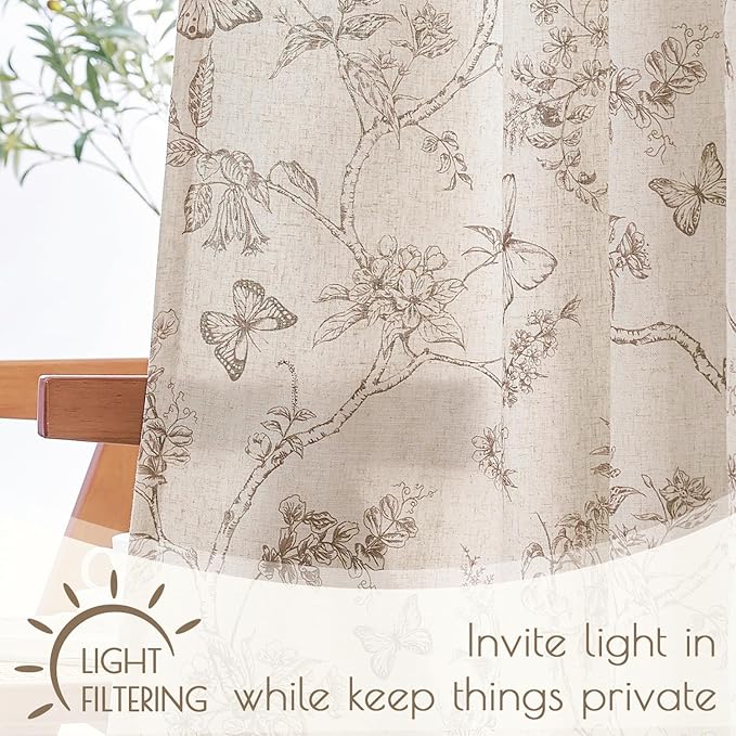 Lazzzy Lined Linen Farmhouse Taupe Floral Curtains 63 Inch Length Back Tab Drapes for Living Room Bedroom Light Filtering Country Vintage Rod Pocket, 2 Panels, Taupe on Beige