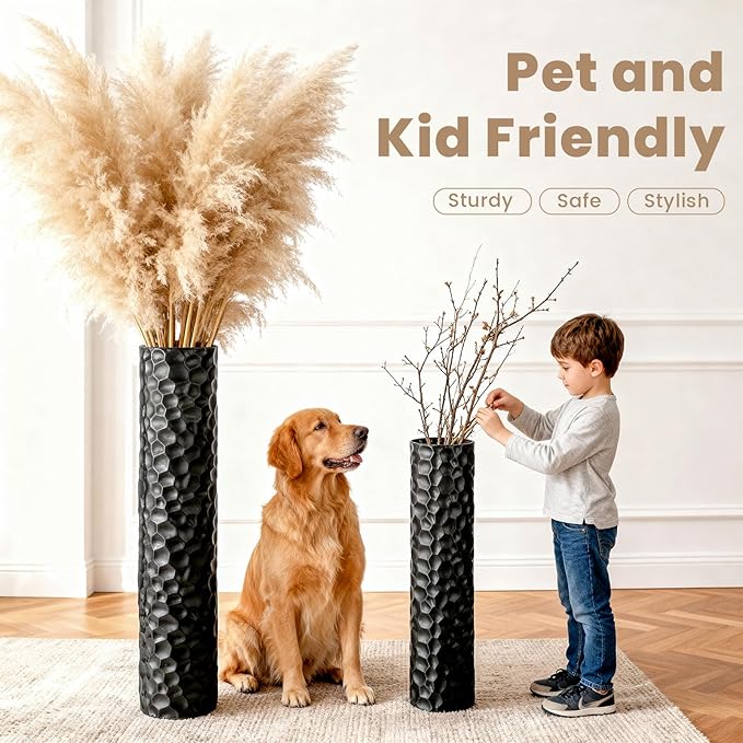 Tall Matte Black Floor Vase Set of 2, 27.6" & 21.7" H Extra Large Cylindrical Metal Standing Vase, Modern Big Floor Vases with Hammered Texture & Weighted Base for Living Room Bedroom Corner Decor