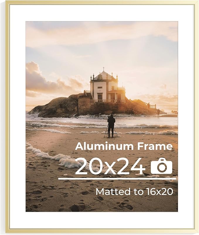 20x24 Picture Frame, 20x24 Metal Picture Frame With Mat For 16x20 Photo, Aluminum Metal Poster Frame with High Definition Plexiglass, Display for Wall Mounting or Tabletop Pack of 1,Golden