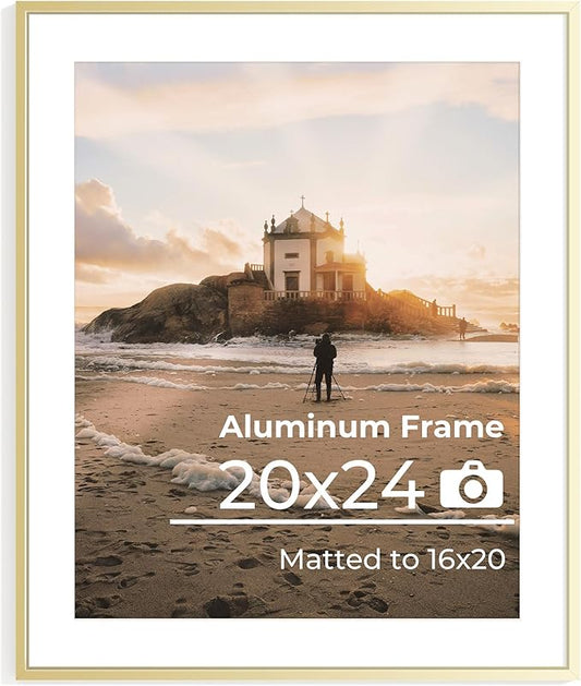 20x24 Picture Frame, 20x24 Metal Picture Frame With Mat For 16x20 Photo, Aluminum Metal Poster Frame with High Definition Plexiglass, Display for Wall Mounting or Tabletop Pack of 1,Golden
