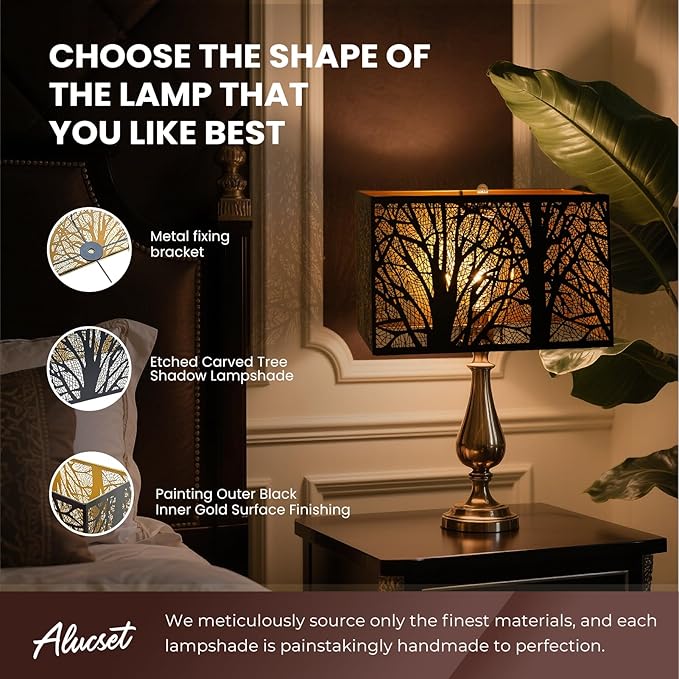 ALUCSET Rectangular Small Lamp Shade with Etched Forest Pattern, Metal Lampshade (12.5+6.8)'' Top and Bottom X 8'' Height, Vintage Replacement Light Cover for Table Floor Lamps