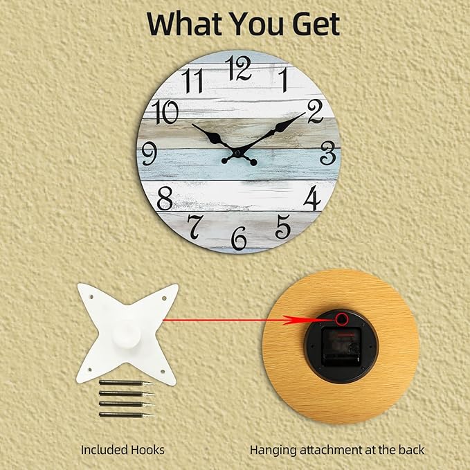 CHYLIN Wall Clock 12 Inch Bathroom Clock, Rustic Wall Clocks Battery Operated, Silent Non Ticking Wooden Coastal Beach Clock for Kitchen, Living Room, Bedroom (White)