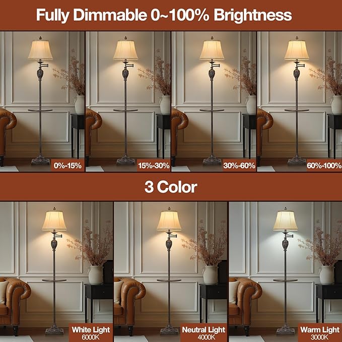 Traditional LED Floor Lamp with 350° Adjustable Swing Arm Lamp – Vintage Standing Pole lamp for Living Room, Bedroom and Office – Rustic Upright Floor Light for Home Décor with Silk Fabric Shade
