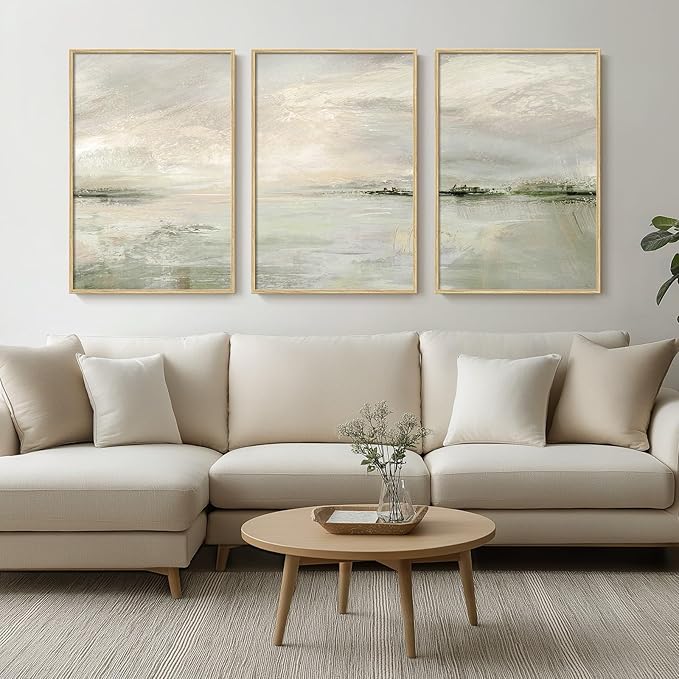 Framed Extra Large Green Abstract Wall Art for Living Room, 3 Piece Contemporary Landscape Canvas Artwork, Modern Minimalist Painting Prints for Dining Room Hallway Home Office Wall Decor, 24x36 Inch