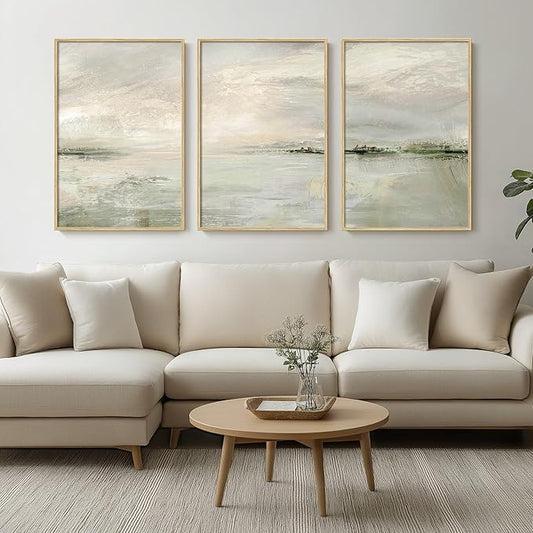 Framed Extra Large Green Abstract Wall Art for Living Room, 3 Piece Contemporary Landscape Canvas Artwork, Modern Minimalist Painting Prints for Dining Room Hallway Home Office Wall Decor, 24x36 Inch