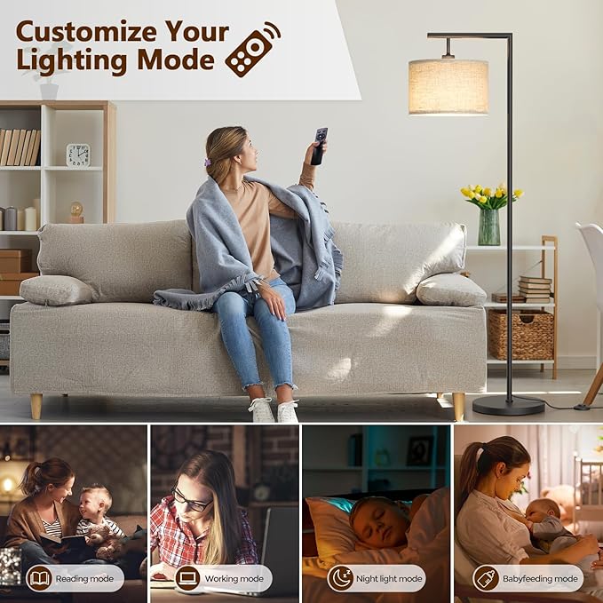 Floor Lamps with Remote Control and Stepless Dimmable Color Temperature and Brightness Standing Lamp with Adjustable Beige Linen Lampshade Pole Lamp for Bedroom Office, 9W Bulb Included, Black