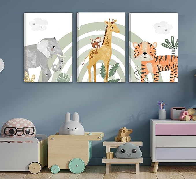 3Pcs Framed Safari Animals Canvas Wall Art elephant tiger giraffe Posters Prints Bohemian Rainbow elements Paintings Pictures wall decor for Nursery Baby Bedroom Decorations