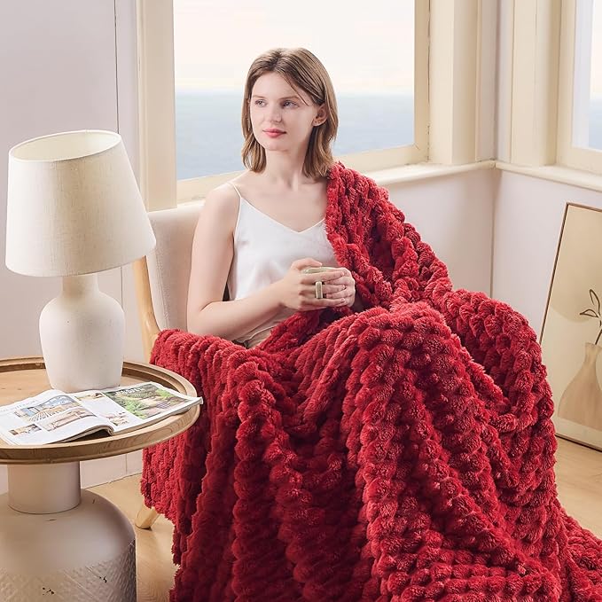 NEWCOSPLAY Super Soft Throw Blanket Red Premium Silky Flannel Fleece 3D Clouds Stylish Jacquard Lightweight Bed Blanket All Season Use 350GSM (Red, Throw(50"x60"))