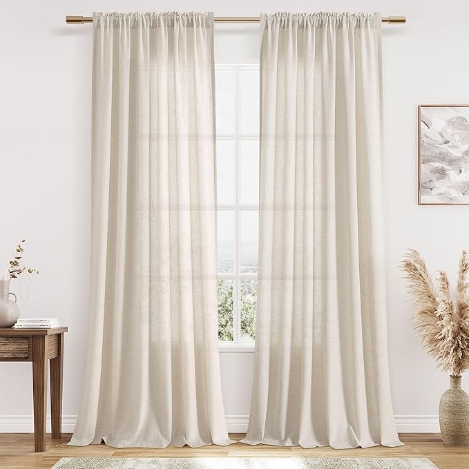 Guken Warm Beige Linen Curtains 90 Inches Long 2 Panel Set Rod Pocket Semi Sheer Dining Room Cozy Bedroom Decor Cotton Look Country Rustic Farmhouse Boho Curtains 52x90