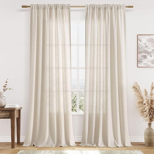 Guken Warm Beige Linen Curtains 90 Inches Long 2 Panel Set Rod Pocket Semi Sheer Dining Room Cozy Bedroom Decor Cotton Look Country Rustic Farmhouse Boho Curtains 52x90