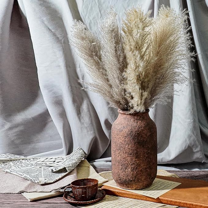 Terracotta Vase, Large Rustic Ceramic Vase, Farmhouse Decor for Living Room, Shelf, Mantle, Entryway, Room Decor, 9 Inch, Brown