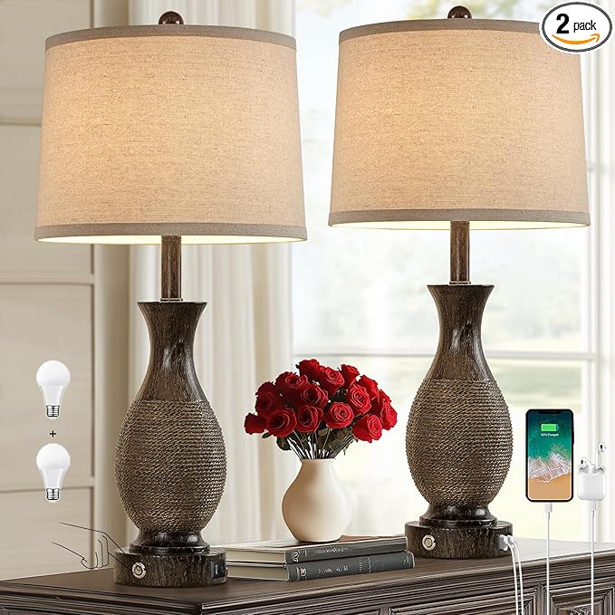 28" Rustic Farmhouse Lamps for Living Room Set of 2 Bedside Table Lamps for Bedroom Nightstand with USB A+C Charging Ports, 3-Way Dimmable Touch Lamp, Brown, Linen Lampshade, LED Bulbs Included