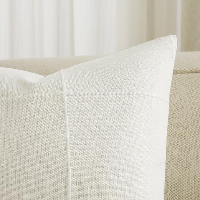 2 Packs Grid Embroidery Throw Pillow Covers, 22x22 Inch Off White, Farmhouse Linen Decorative Ivory Cushion Covers for Sofa Bed Living Room Home Decor