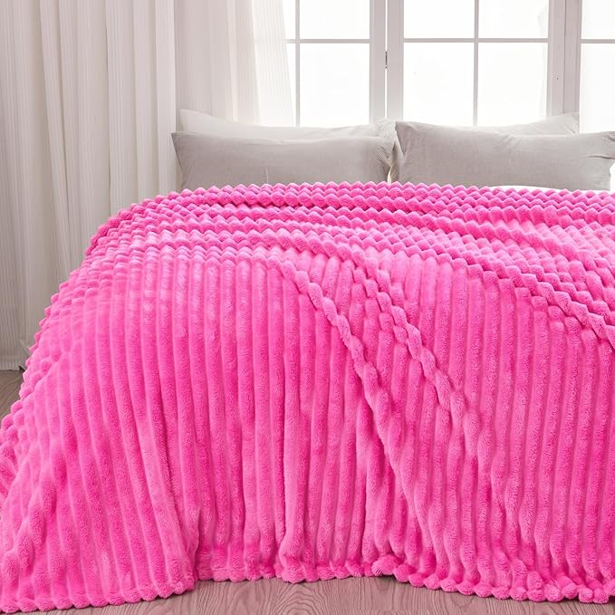 NEWCOSPLAY Super Soft Throw Blanket Hot Pink Premium Silky Flannel Fleece 3D Ribbed Jacquard Lightweight Bed Blanket All Season Use (Hot Pink Ribbed, Throw(50"x60"))