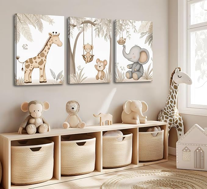 3Pcs Woodland Animal Nursery Canvas Wall Art Neutral Safari Animal Jungle Paintings Pictures Wall Decor Giraff Monkey Elephants Watercolor Poster Printing Artwork for kids room Home Decoration