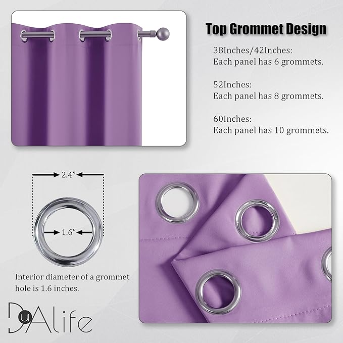 DUALIFE Purple Curtain Panels for Girls Room 45 inch Length Solid Energy Efficient Room Darkening Bedroom Curtains for Short Windows Thermal Insulated Grommet Top 52 x 45 inch