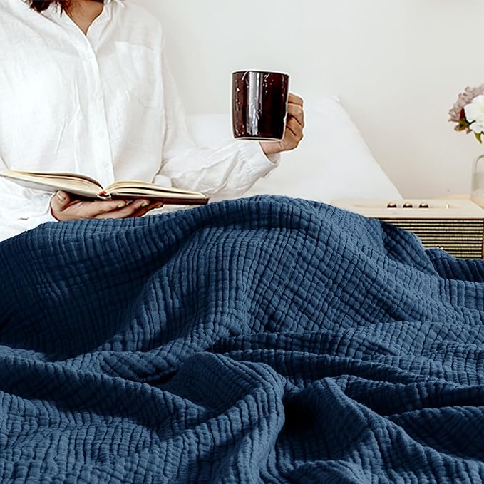 Carriediosa 100% Cotton Muslin Throw Blanket 108" X 90" King Size，4-Layers Summer Gauze Throws for Bed Couch，Soft Lightweight Breathable Linen Blankets Bedspread for Adults All Season，Navy Blue