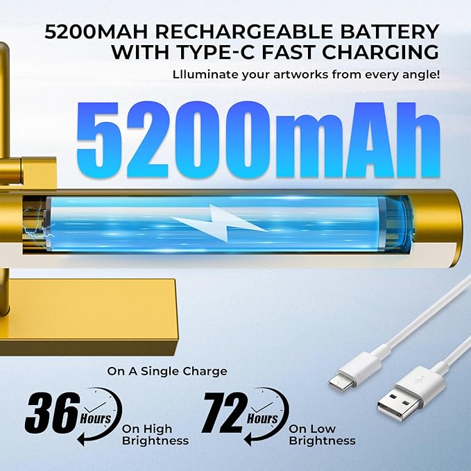 Cordless Picture Light for Wall, Battery Operated Art Light with 3CCT Dimmable, 5200mAh Battery Wall Sconce with Remote & Timer, 13in LED for Paintings, Gallery Artwrok, Picture Display - Golden