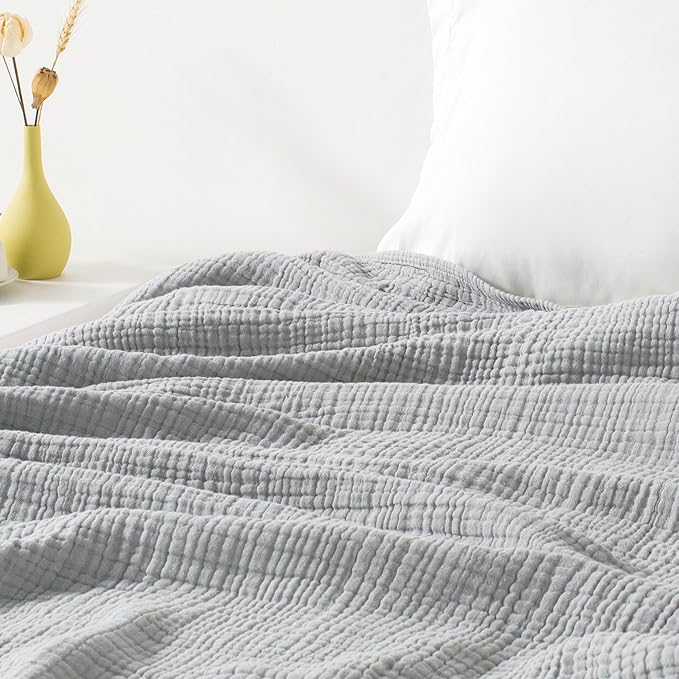 Carriediosa 100% Cotton Muslin Throw Blanket 108" X 90" King Size，4-Layers Summer Gauze Throws for Bed Couch，Soft Lightweight Breathable Linen Blankets Bedspread for Adults All Season，Grey