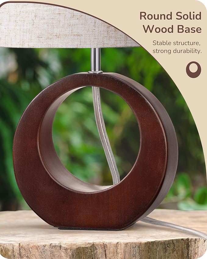 EDISHINE 13.4" Wood Table Lamp, Small Bedside Lamp with Beige Linen Lampshade & ON-Off Switch, E26 Base, Modern Nightstand Lamp for Living Room, Bedroom, Dark Walnut