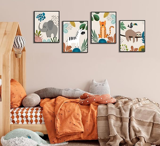FJKLRP 4pcs Safari Nursery Wall Art Zebra elephant tiger monkey Pictures Poster Cute Animal Canvas Paintings Prints Decor for Kid Room Baby Room Wall Decor Unframed