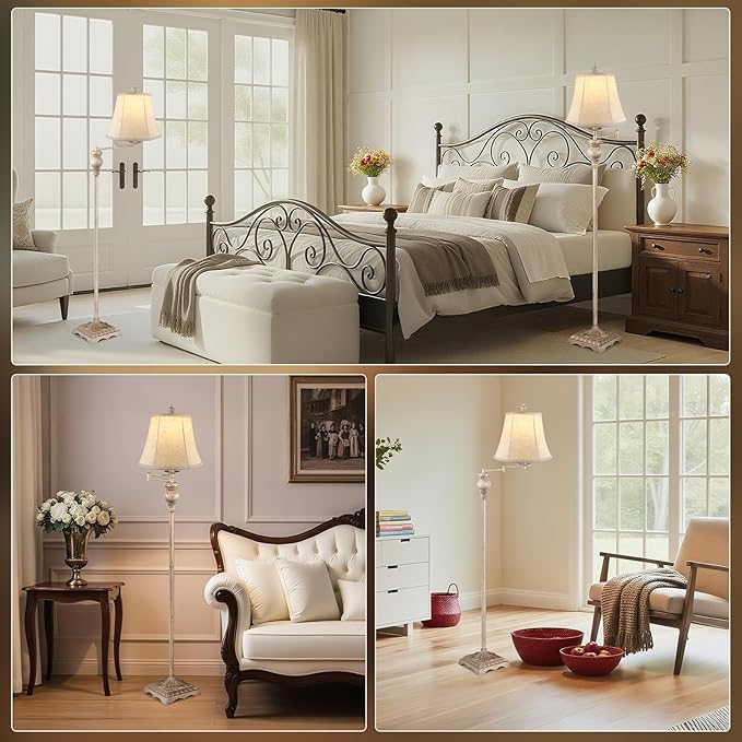 PARTPHONER Vintage Floor Lamps for Living Room,Traditional 350° Adjustable Swing Arm Farmhouse Floor Lamp for Bedroom, Rustic Standing Lamp Pole Lamps for Reading, Home Décor and Office, White