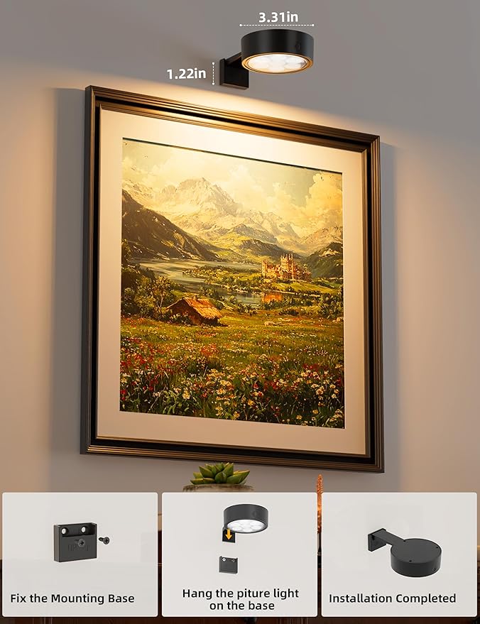 VOLISUN Picture Lights for Wall, 4000mAh Rechargeable Picture Light Battery Operated, 3 Color Temperatures Cordless Picture Light with Remote, Art Light for Painting, Gallery, Portrait, 3 Pack (Black)