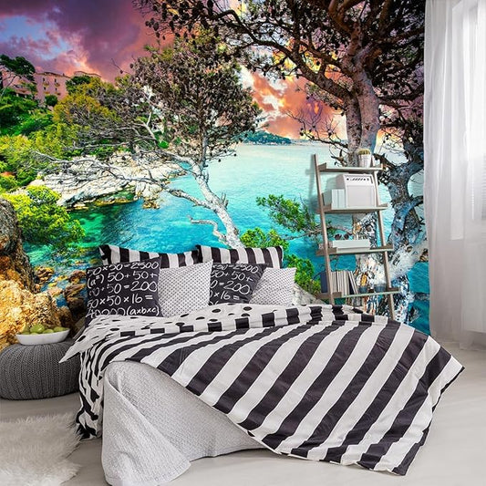 -Summer Sandy Shore Landscapes Fabric Wallpaper Clear Ocean seashores Islands Living Room Bedroom Bathroom Wall Mural- 137"x96"（ not Peel and Stick）