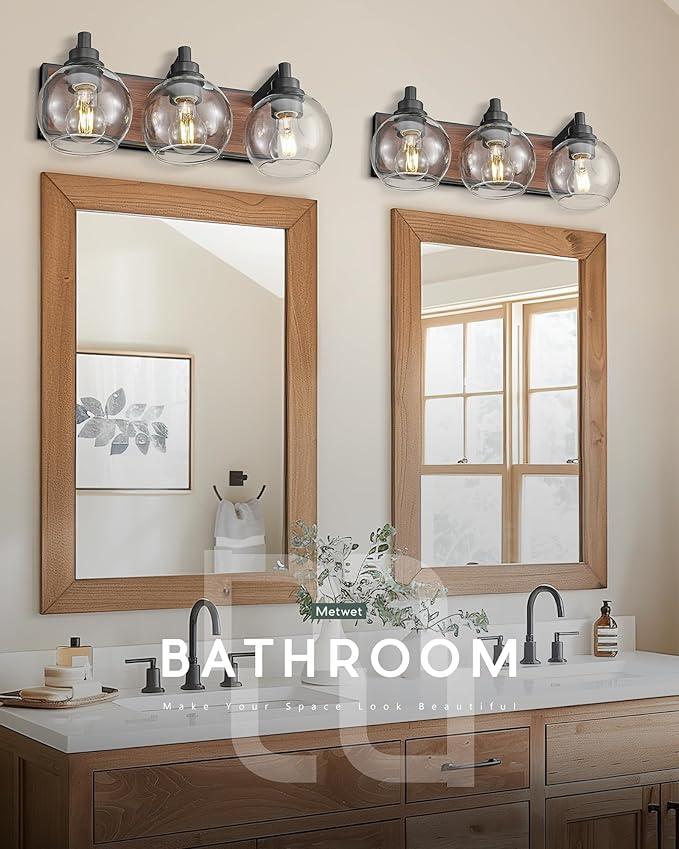Bathroom Light Fixtures, 3-Light Black and Faux-Wood Finish Bathroom Vanity Light, Farmhouse Wall Sconces with Globe Clear Glass Shade, Vanity Lighting Fixtures Over Mirror, VL195-WB-3