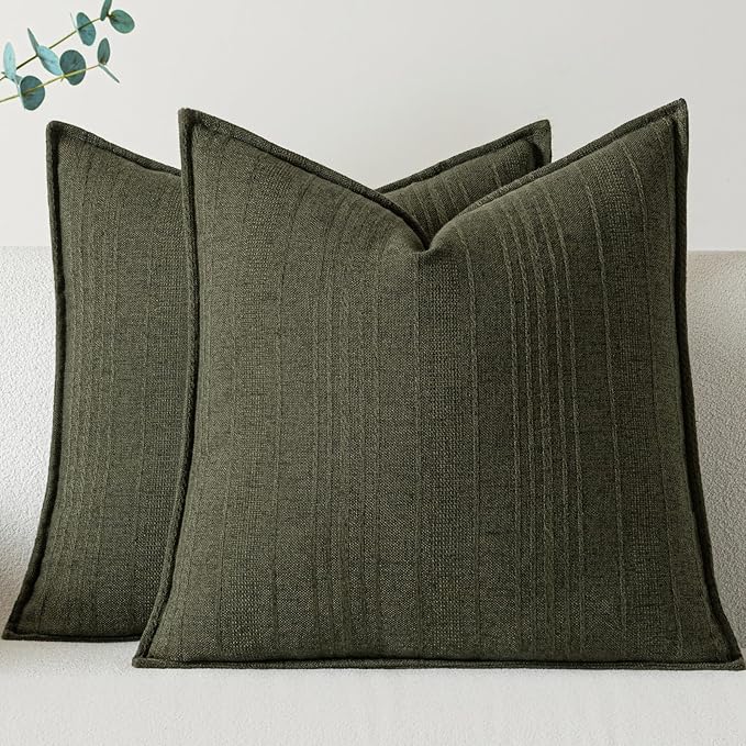 a moment Linen Pillow Covers Set of 2,Boho Farmhouse Throw Pillowcases Neutral Textured Decorative Covers for Couch Sofa Bed, Soft Linen Blend Accent Case Cushion Home Decor 20"x20"Dark Green