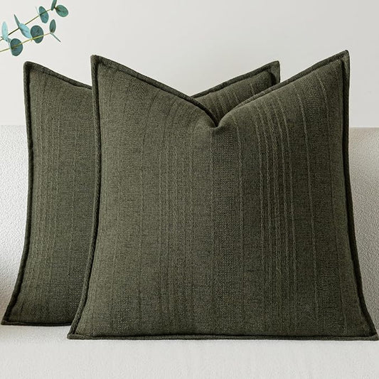 a moment Linen Pillow Covers Set of 2,Boho Farmhouse Throw Pillowcases Neutral Textured Decorative Covers for Couch Sofa,Soft Linen Blend Accent Case Cushion Living Room Home Decor 22"x22"Dark Green