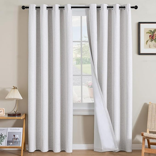 H.VERSAILTEX Linen Curtains 100% Blackout Curtains for Bedroom 96 inch Long Full Light Blocking Nature Linen Blended Window Curtains for Living Room Nickel Grommet (2 Panels, Heathered White)