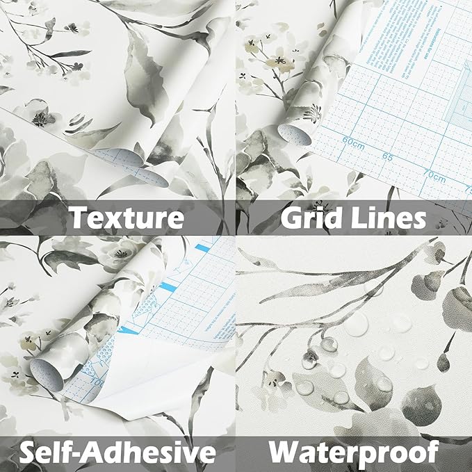 Vinjiasin Wallpaper Peel and Stick Black and White Ink Floral Contact Paper Vintage Flower Leaf Wall Paper for Bathroom Bedroom Self Adhesive Removable 16.1"x 118"