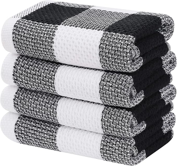 Homaxy 100% Cotton Waffle Weave Check Plaid Kitchen Towels, 13 x 28 Inches, Super Soft and Absorbent Dish Towels for Drying Dishes, 4-Pack, White & Black