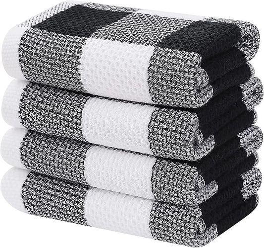 Homaxy 100% Cotton Waffle Weave Check Plaid Kitchen Towels, 13 x 28 Inches, Super Soft and Absorbent Dish Towels for Drying Dishes, 4-Pack, White & Black