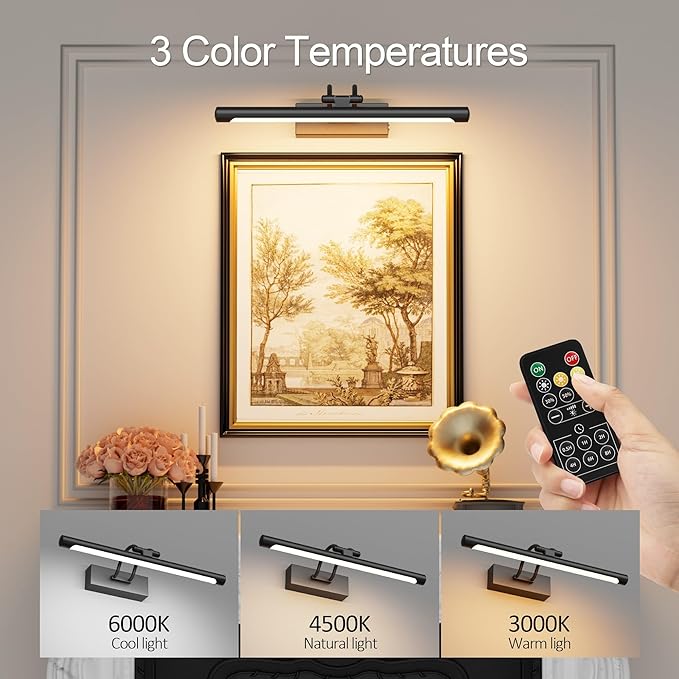 Cordless Picture Light with Remote, Battery Operated Wall Sconce for Artwork, 3 Colors Painting Light Dimmable and Timer, Wireless Art Light for Display (Black)