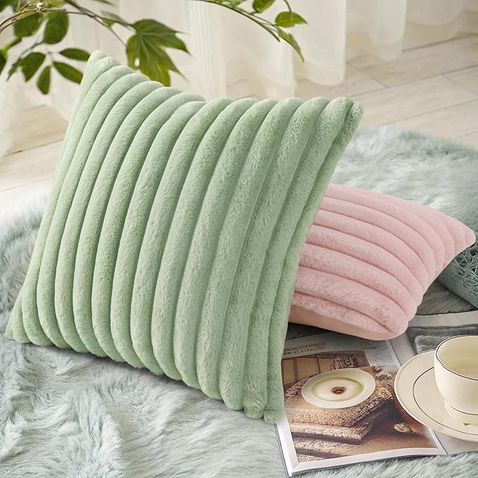 decorUhome Faux Fur Christmas Throw Pillow Covers 26x26 Set of 2, Decorative Soft Plush Striped Neutral Couch Euro Pillow Covers with Velvet Back for Sofa, Bed, Living Room Home Decor, Sage Green