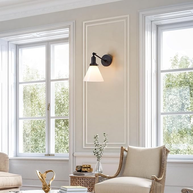 PERMO Industrial Vintage Slope Pole Wall Mount Single Sconce with Funnel Flared Milk White Glass Shade Wall Sconce Light Lamp Fixture Matte Black