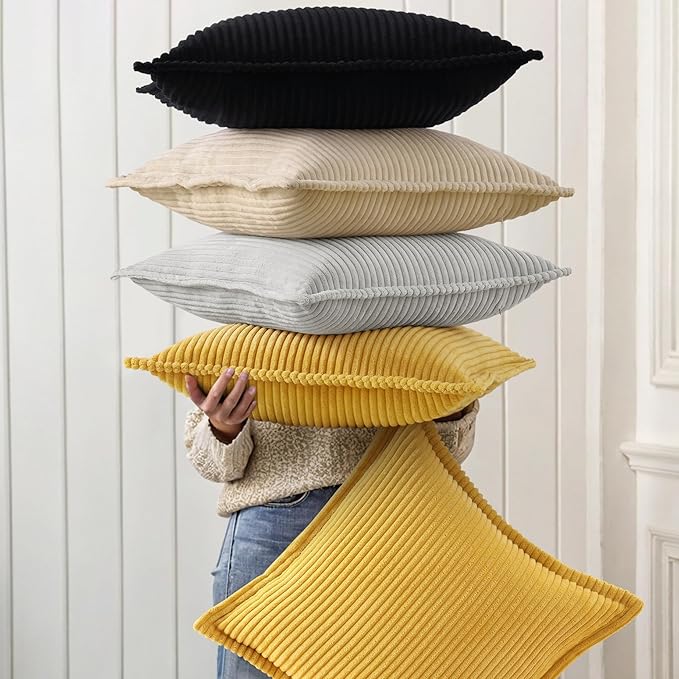 decorUhome Corduroy Black Throw Pillow Covers 22x22 Set of 2 Decorative Soft Boho Farmhouse Euro Couch Pillow Covers for Living Room Bed Sofa Broadside Striped Pillow Cases
