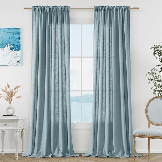 Guken Blue Linen Curtains 102 Inch Length for Living Room Bedroom 2 Panels Set Rod Pocket Light Filtering Semi Sheer Window Curtains 52 Inch Width Boho Farmhouse Linen Drapes Dusty Blue, W52xL102