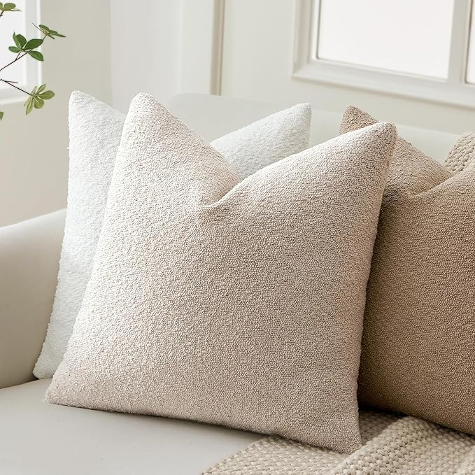 ANRODUO Pack of 2 Textured Boucle Throw Pillow Covers Soft Beige Decorative Accent Solid Pillow Cases Cozy Modern Couch Cushion Case for Chair Sofa Bedroom Living Room Home Decor, 20 x 20 Inch