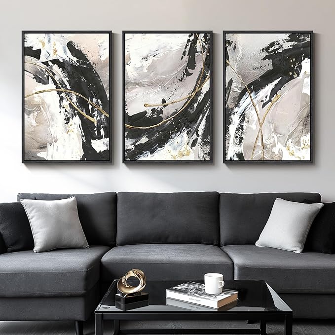Framed Black and White Abstract Wall Art for Living Room, 3 Piece Large Modern Minimalist Gold Lines Canvas Prints Artwork for Walls, Bedroom, Kitchen, Hallway, Office Wall Decor, 24x36 Inch
