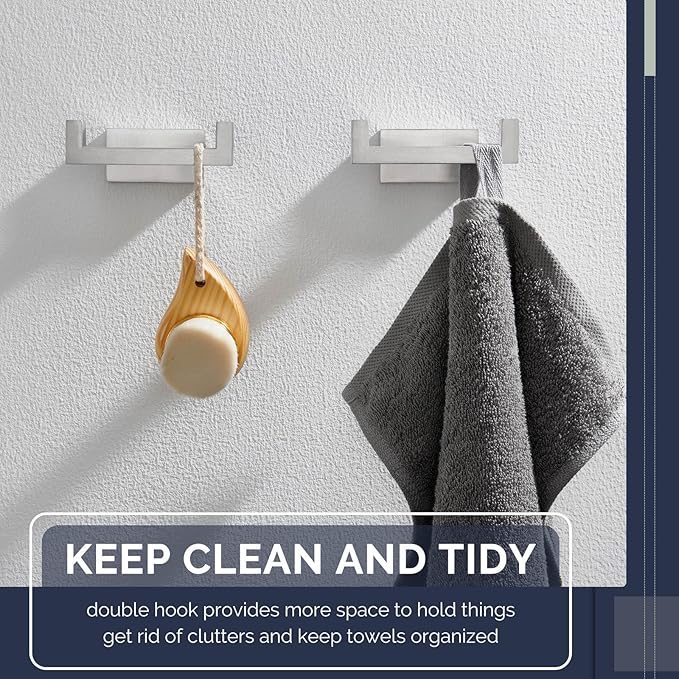Angle Simple Bathroom Double Hook 2 PCS, SUS304 Stainless Steel Hand Towel Holder, Bath Towel Hanger, Modern Robe Hook for Wall, Brushed Nickel