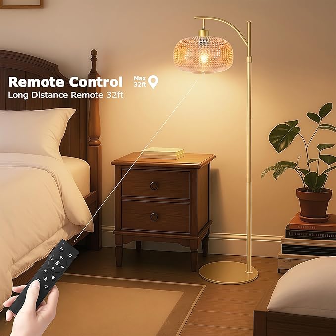 Glass Floor Lamp for Living Room with Amber Glass Lampshade, Dimmable Modern Floor Light with 12W LED Bulb, Remote Control Tall Standing Lamp for Bedroom