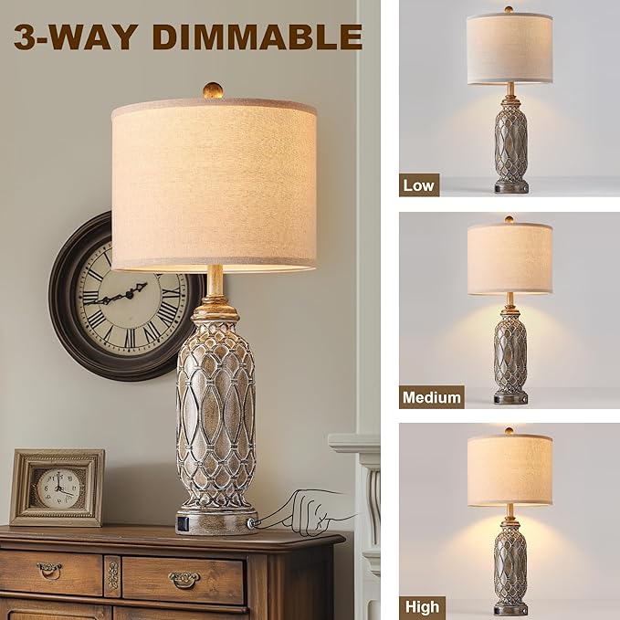 Farmhouse Lamps for Bedroom Set of 2, 28" VintageTable Lamps for Living Room with USB A+C Charging Ports, Touch Lamps for Nightstand, 2 Bulbs Included