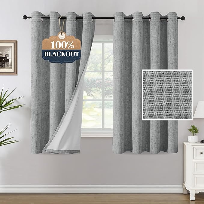 H.VERSAILTEX Chenille Linen Blackout Curtains for Bedroom 63 Inches Long Thermal Insulated Textured Linen Look Curtains with White Flocking Coating Back, Heathered Dove Gray(Not Solid)