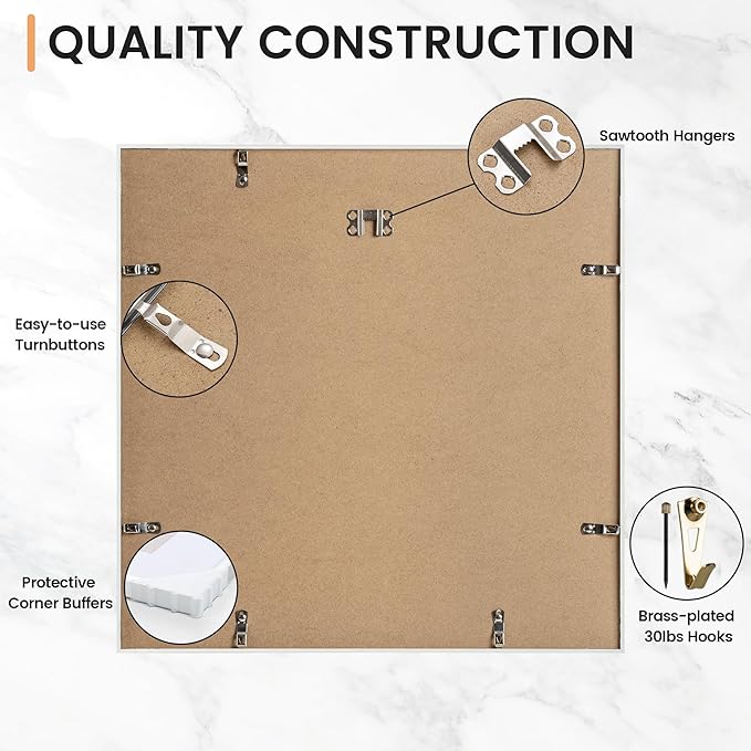 16x16 inch Metal Picture Frame - Thin Aluminum Square Photo Frames with 12x12 Removable Mat - High Definition Plexiglass - Vertical and Horizontal Display - Wall Hook Hanging Hardware Included - Silver, Set of 4