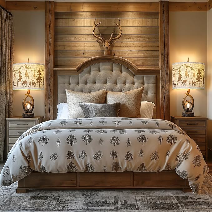 Farmhouse Deer Antler Table Lamp Set of 2 For Living Room with USB Ports, Rustic Bedside Lamp with Nightlight For Bedroom, linen Fabric Shade Vintage Nightstand Lamps For Hotel Bar Country House